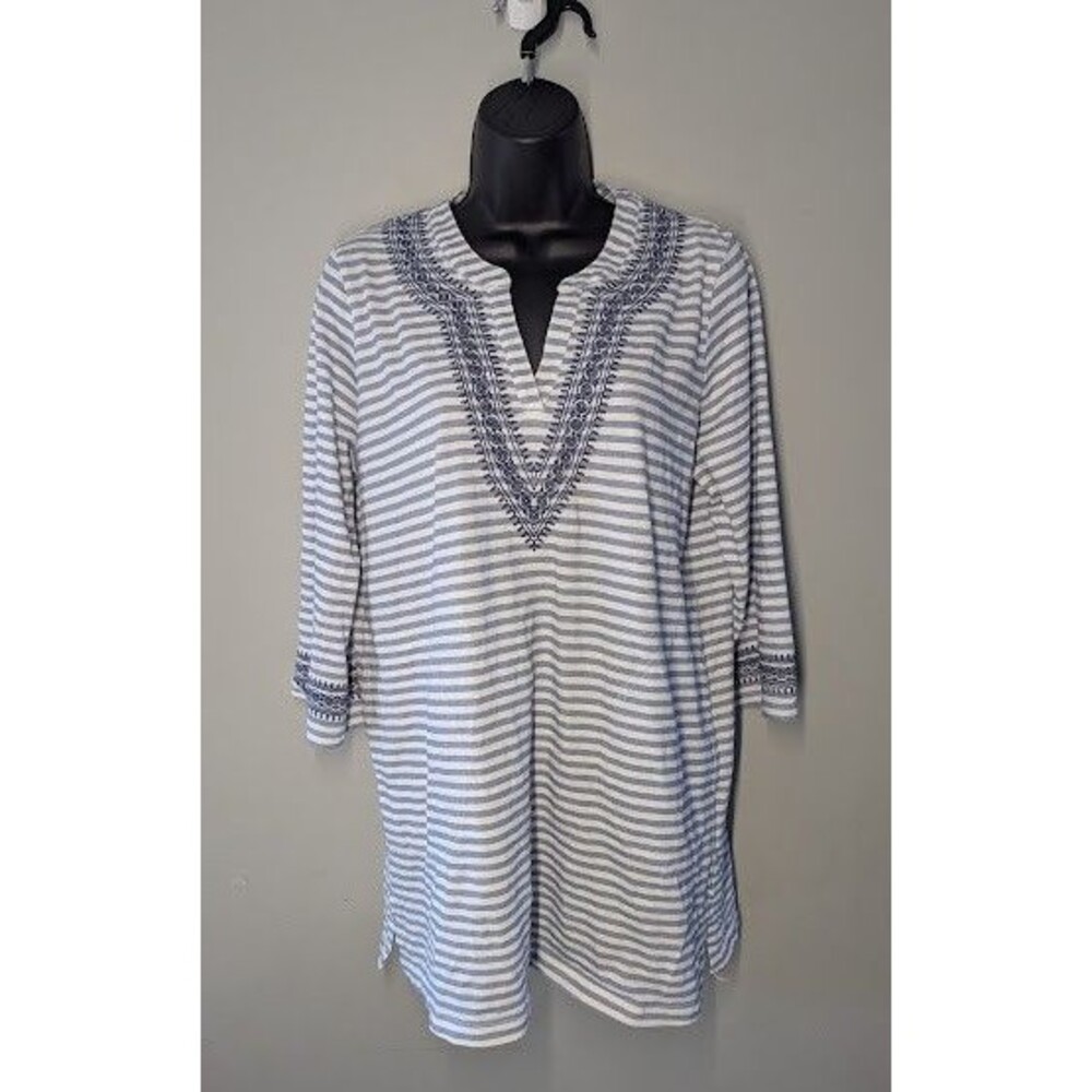 Spartina 449 Blue White Stripe Embroidered Shelley Tunic Top Preppy Nautical L